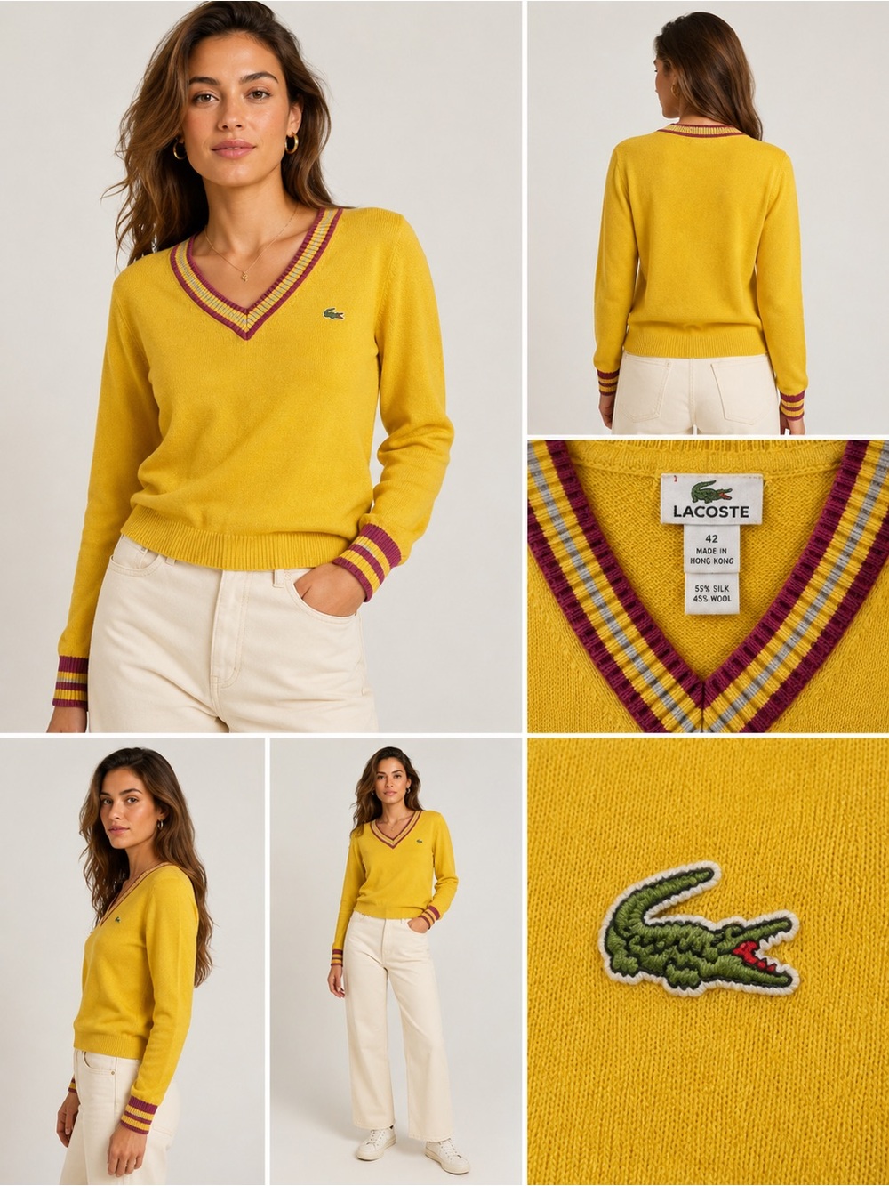 Lacoste Silk Wool V Neck Sweater Yellow Stripe Womens 42 Medium Retro Pullover